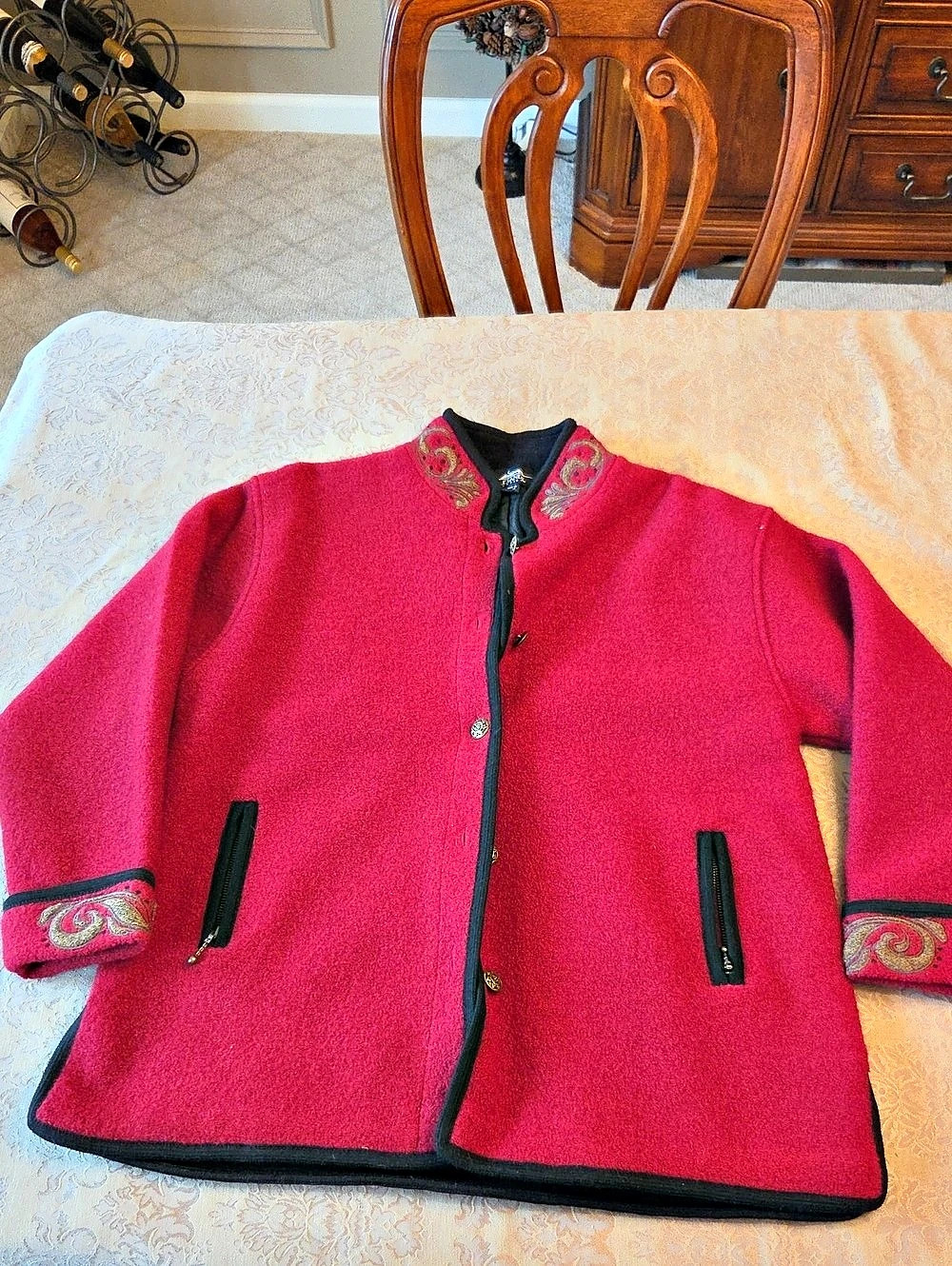 KELANTIC Embroidered Wool-Style Jacket in Pink Size Large